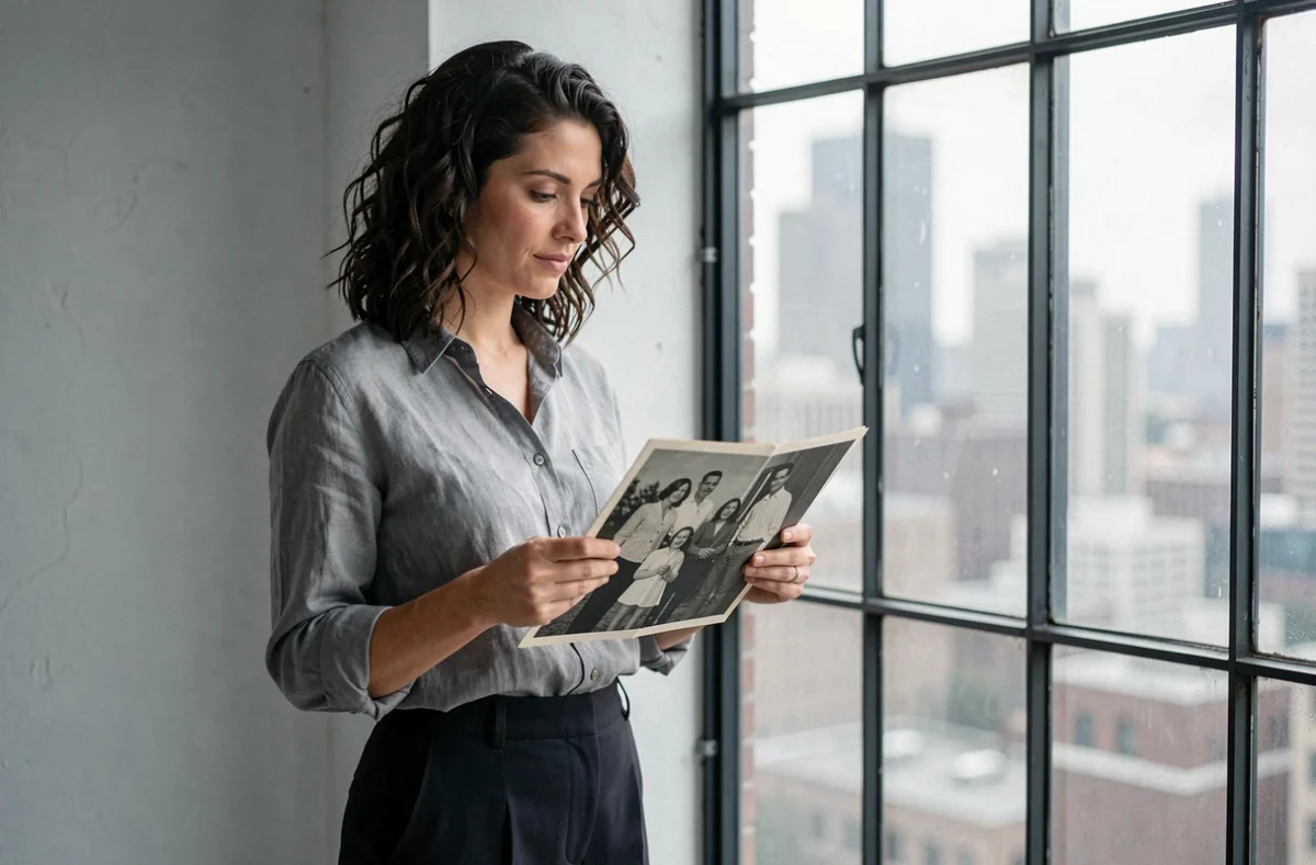 Femme contemplant une photographie de famille ancienne dans un studio urbain minimaliste, symbolisant la quête des origines