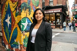 Femme latina confiante devant une fresque murale portoricaine dans un quartier de New York, illustrant les origines culturelles de Jennifer Lopez