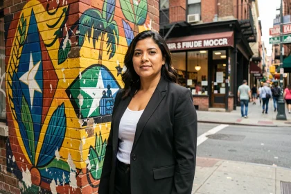 Femme latina confiante devant une fresque murale portoricaine dans un quartier de New York, illustrant les origines culturelles de Jennifer Lopez