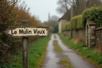 Panneau de lieu-dit en bois peint au bord d'une route rurale française en Normandie