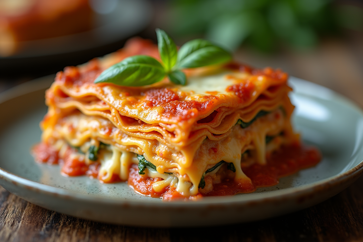 Tranche de lasagne de courgettes avec fromage fondu en gros plan