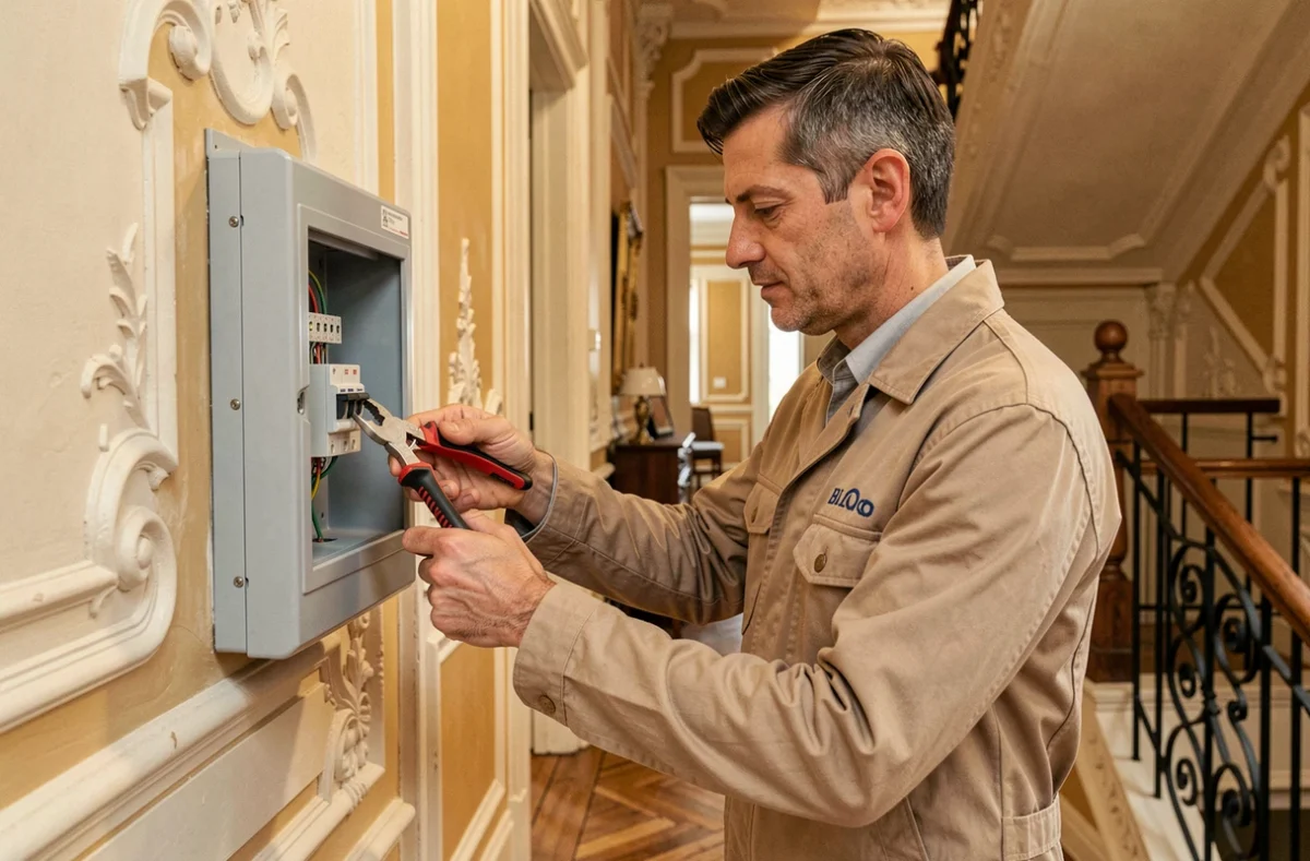 Électricien Pasquier Électricité remplaçant un disjoncteur dans le couloir d'une maison de ville historique à Blois