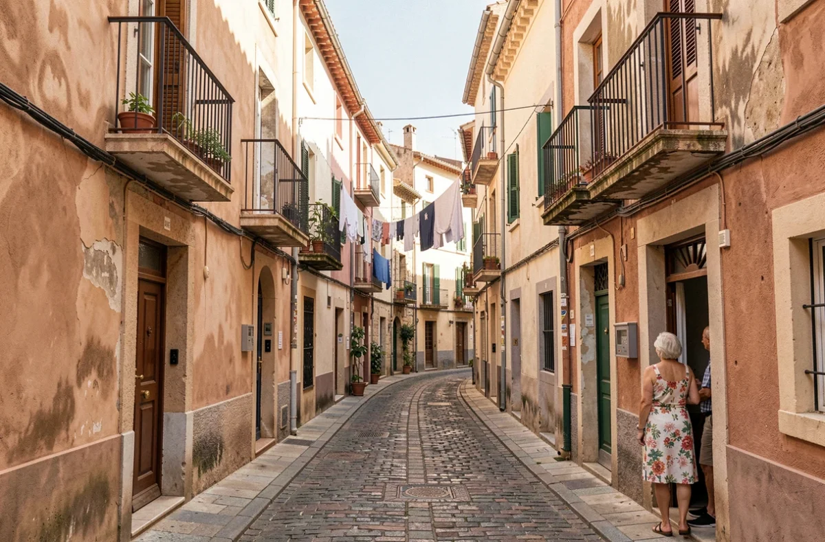 Rue étroite de Perpignan dans les Pyrénées-Orientales avec façades blanchies, balcons en fer forgé et habitante adulte en robe fleurie