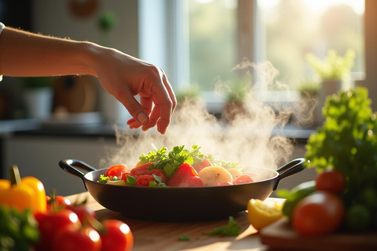 Personne cuisinant légumes vapeur dans une cuisine lumineuse