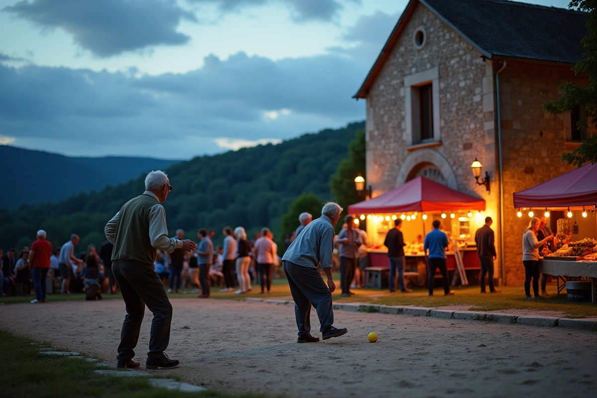 Partie de pétanque entre anciens lors d'une fête villageoise en Aveyron au crépuscule avec église romane en arrière-plan
