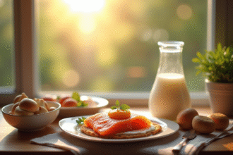 Petit déjeuner sain près d'une fenêtre ensoleillée avec saumon œufs et lait
