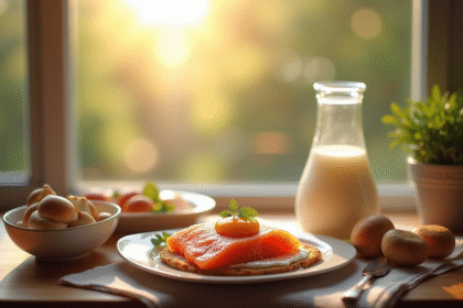 Petit déjeuner sain près d'une fenêtre ensoleillée avec saumon œufs et lait