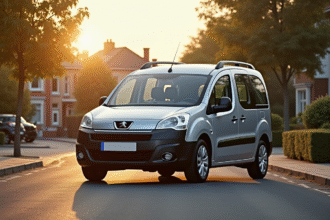 Voiture Peugeot Partner argentée stationnée dans une rue résidentielle ensoleillée