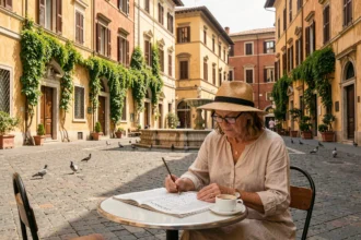 Femme attablée en terrasse sur une piazza italienne faisant des mots croisés avec un café