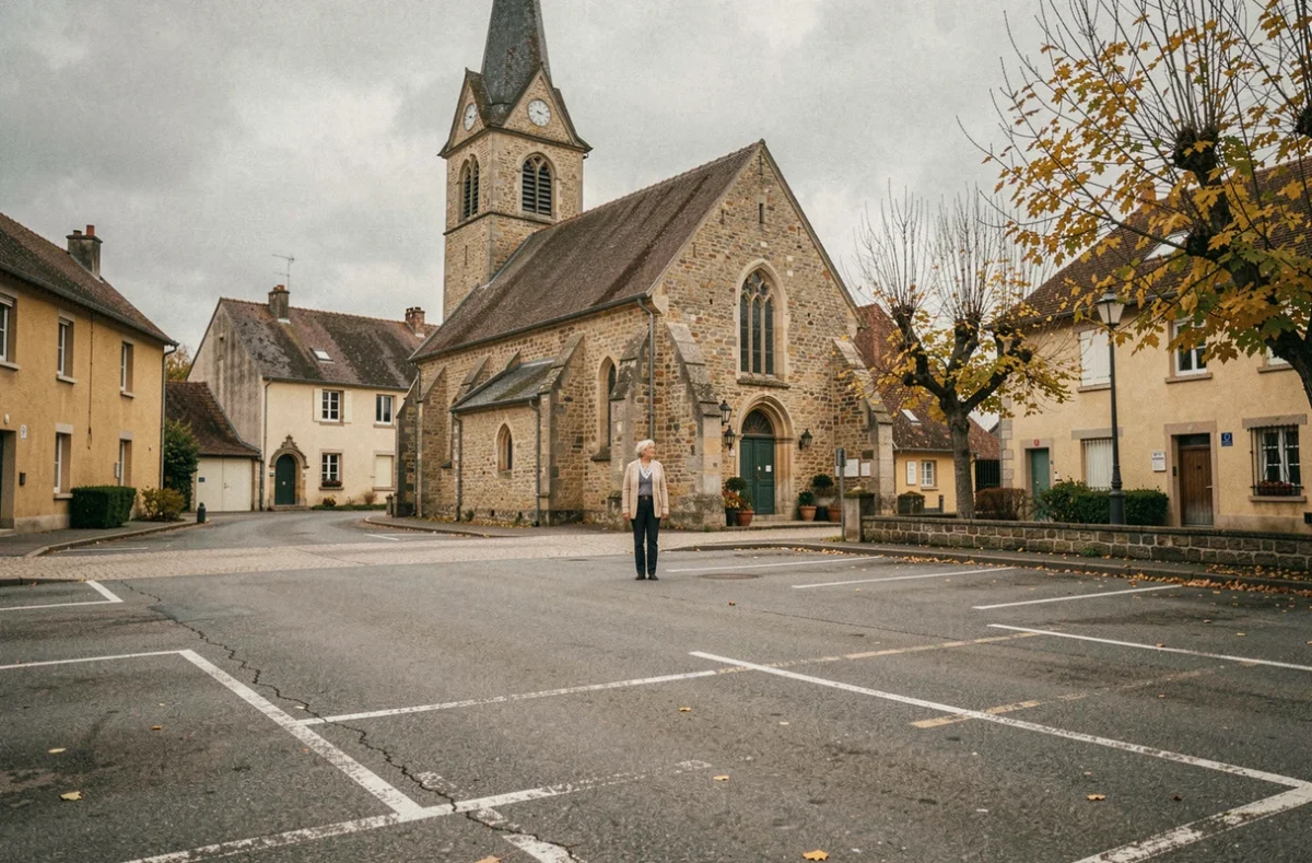 Place de village à Pierre-de-Bresse en Saône-et-Loire avec église en pierre et atmosphère calme et mélancolique