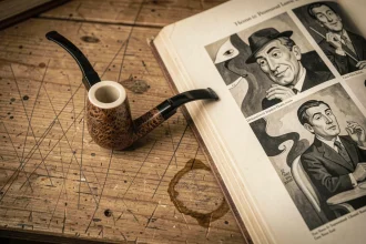 Pipe en bois et livre d'art ouvert sur les œuvres de Magritte, posés sur un bureau en bois usé, photographie éditoriale surréaliste