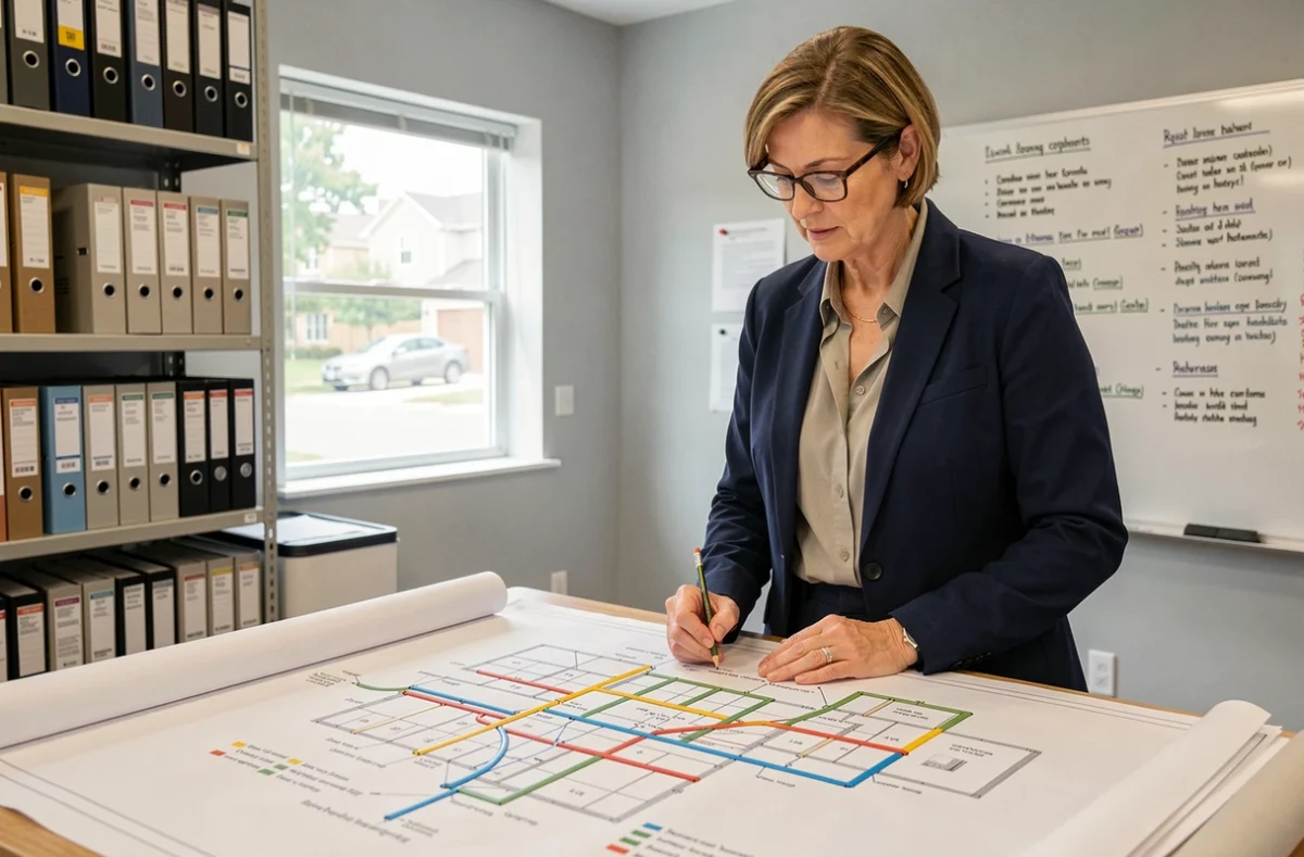 Urbaniste étudiant les plans de réseau de drainage séparatif eaux usées et eaux pluviales dans un bureau de lotissement