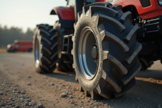 Gros plan d'un pneu de tracteur usé avec motifs d'usure visibles