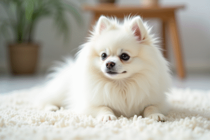 Chien spitz nain blanc allongé sur tapis propre et blanc