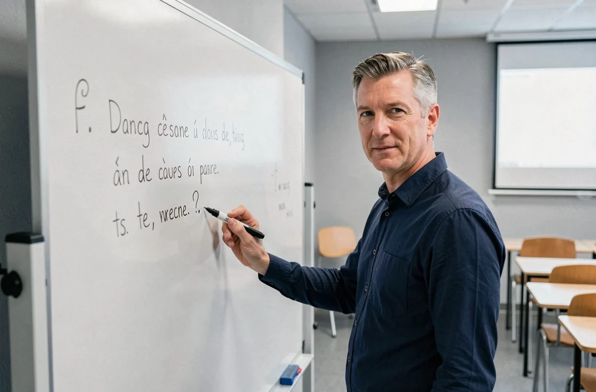 Professeur écrivant une phrase corrigée en français sur un tableau blanc dans une salle de classe moderne