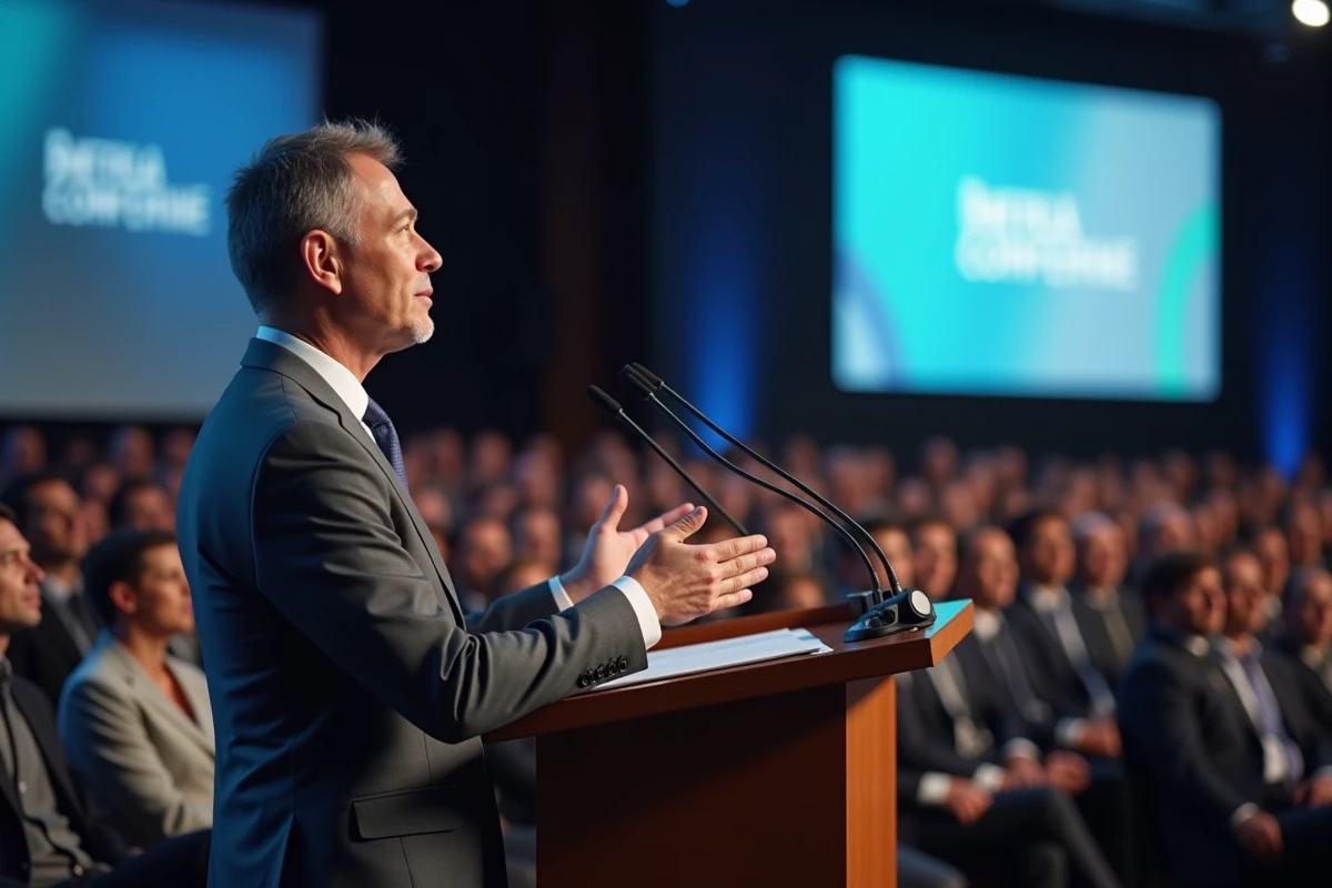 Professionnel des médias prenant la parole lors d'une conférence internationale sur le journalisme