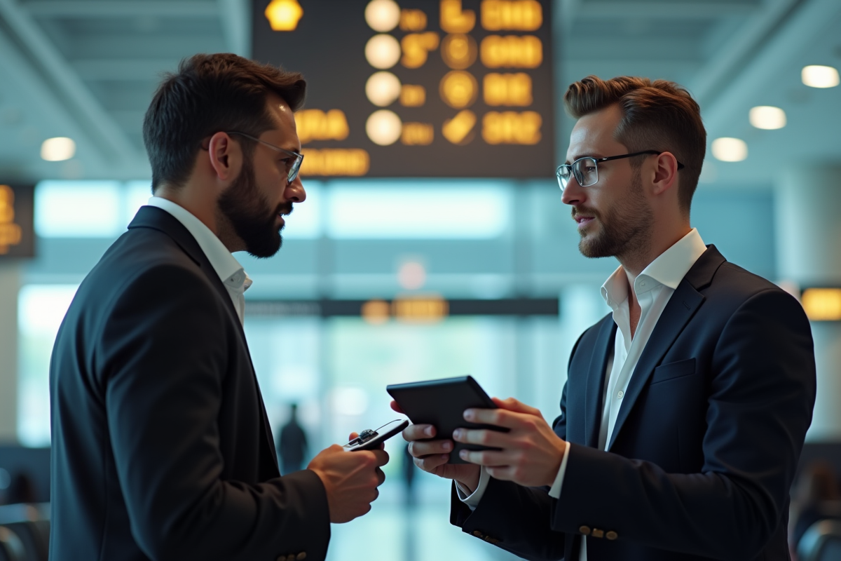Deux professionnels utilisant un traducteur à l