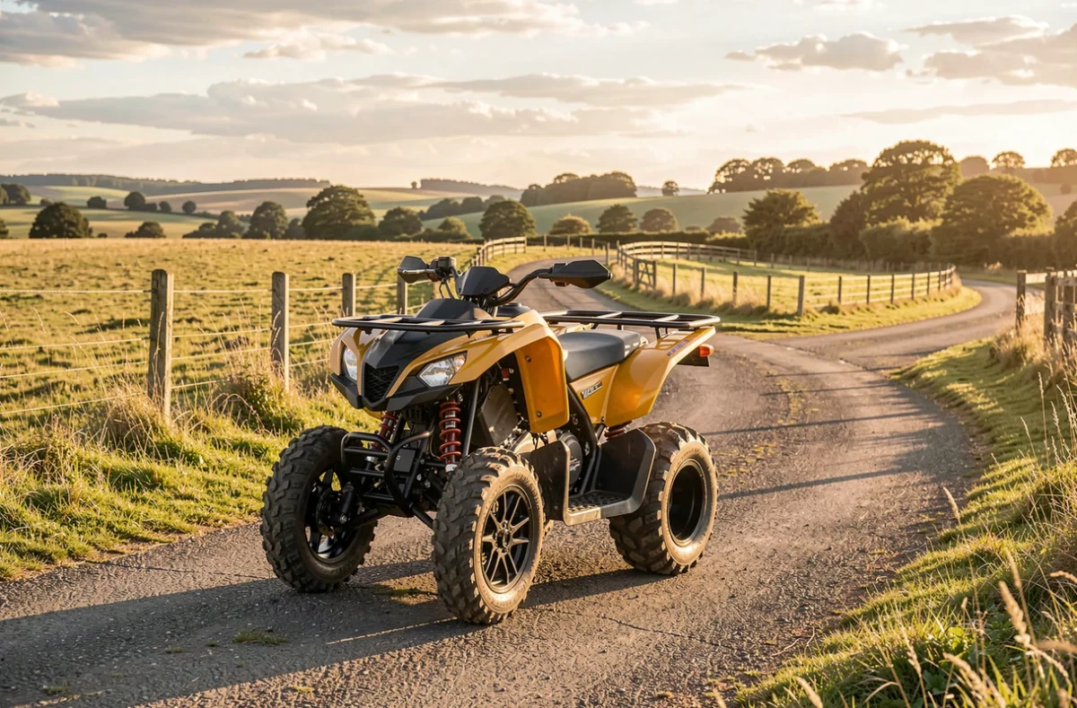 Quad routier homologué garé sur une route de campagne