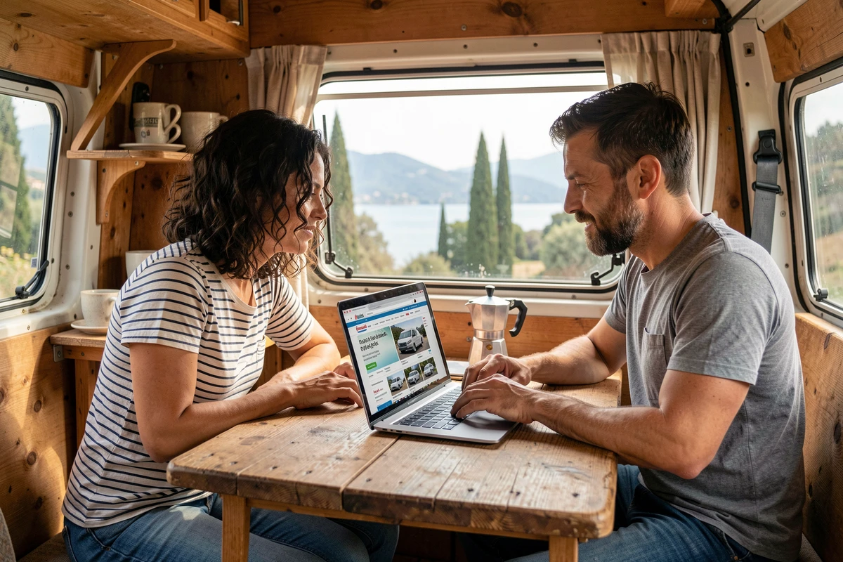 Couple cherchant des annonces de vans aménagés sur un site italien depuis l'intérieur de leur van converti