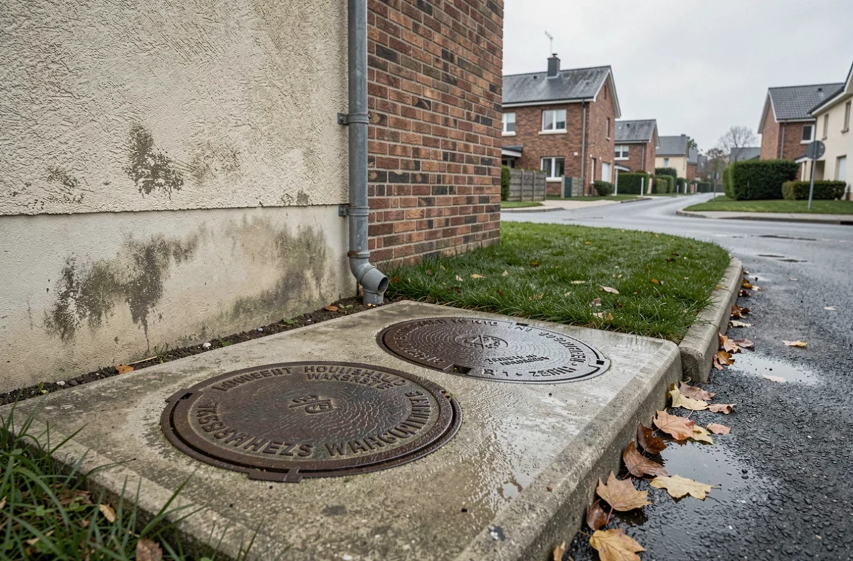Regards de visite distincts pour eaux usées et eaux pluviales dans le jardin d'un lotissement résidentiel