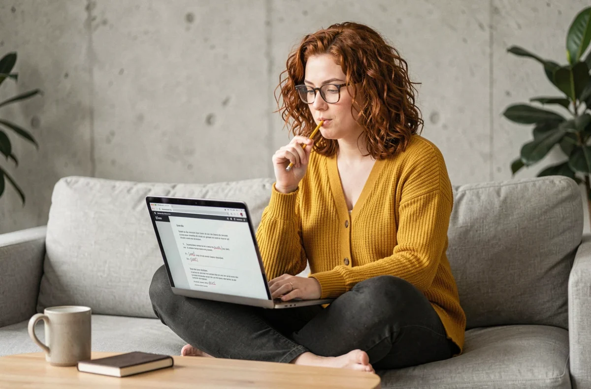 Jeune femme relisant et corrigeant un texte en français sur son ordinateur portable depuis son canapé à domicile