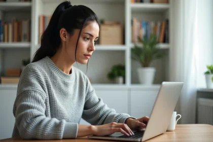 Femme consultant son espace abonné Free sur un ordinateur portable pour résilier son forfait mobile