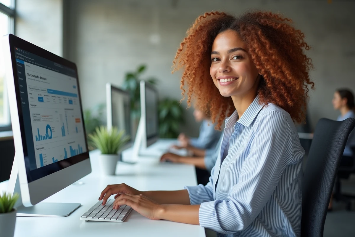 Jeune femme en espace de coworking résiliant son abonnement Free depuis un ordinateur de bureau