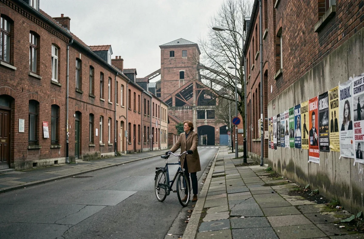 Rue de Roubaix dans le Nord avec maisons en briques, usine textile en ruine et femme adulte poussant un vélo