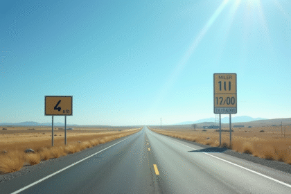 Route droite en campagne avec panneau de distance en miles et kilomètres