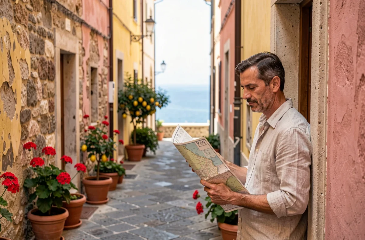 Homme consultant une carte touristique dans une ruelle pittoresque d'une ville italienne côtière
