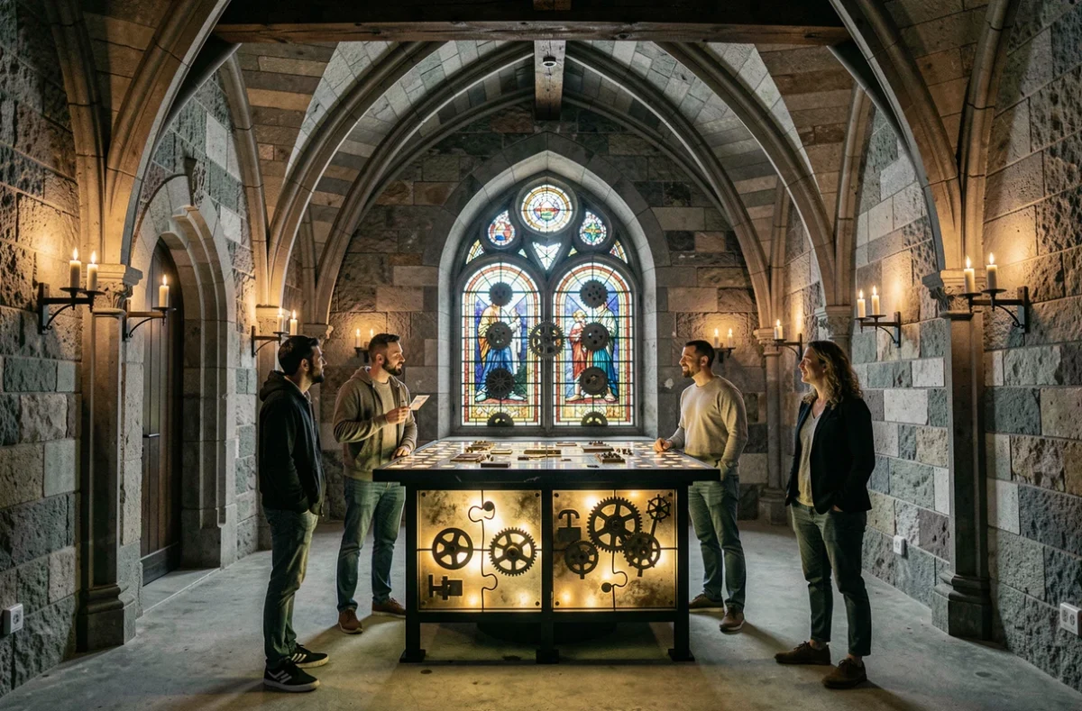Groupe de joueurs devant une installation lumineuse de puzzles dans la salle Run to the Light à Colmar