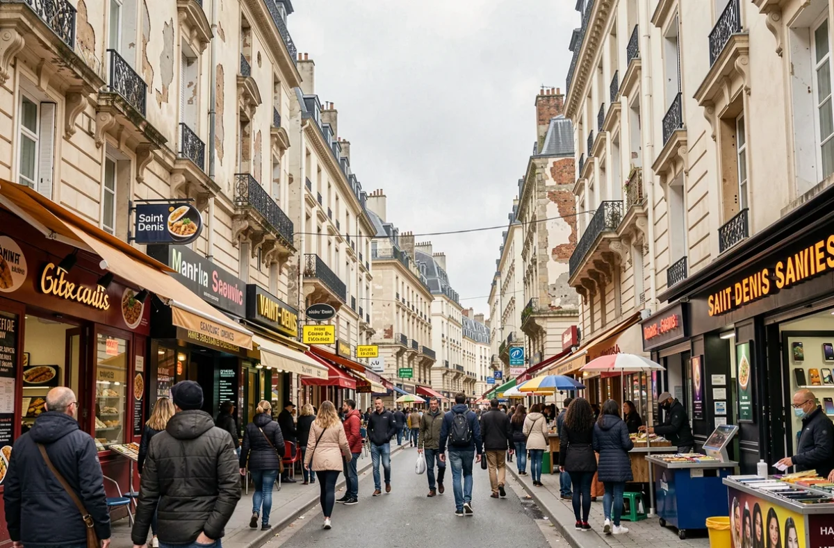 Rue commerçante animée de Saint-Denis en Seine-Saint-Denis avec boutiques multiculturelles et passants adultes diversifiés