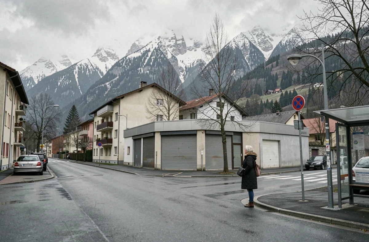 Coin de rue à Scionzier en Haute-Savoie avec immeubles modestes et sommets enneigés en arrière-plan
