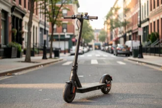 Scooter pendulaire à quatre roues garé dans une rue calme