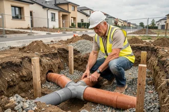 Ingénieur de chantier inspectant la séparation des canalisations eaux usées et eaux pluviales dans une tranchée de lotissement
