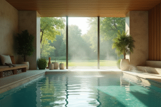 Spa intérieur luxueux avec vue sur jardin vert en PasdeCalais