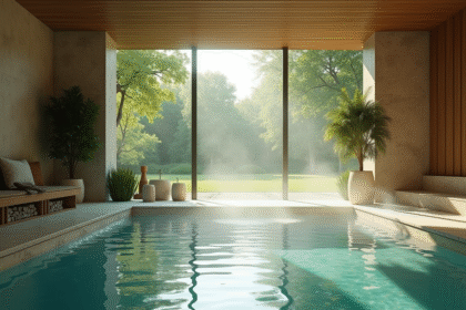 Spa intérieur luxueux avec vue sur jardin vert en PasdeCalais