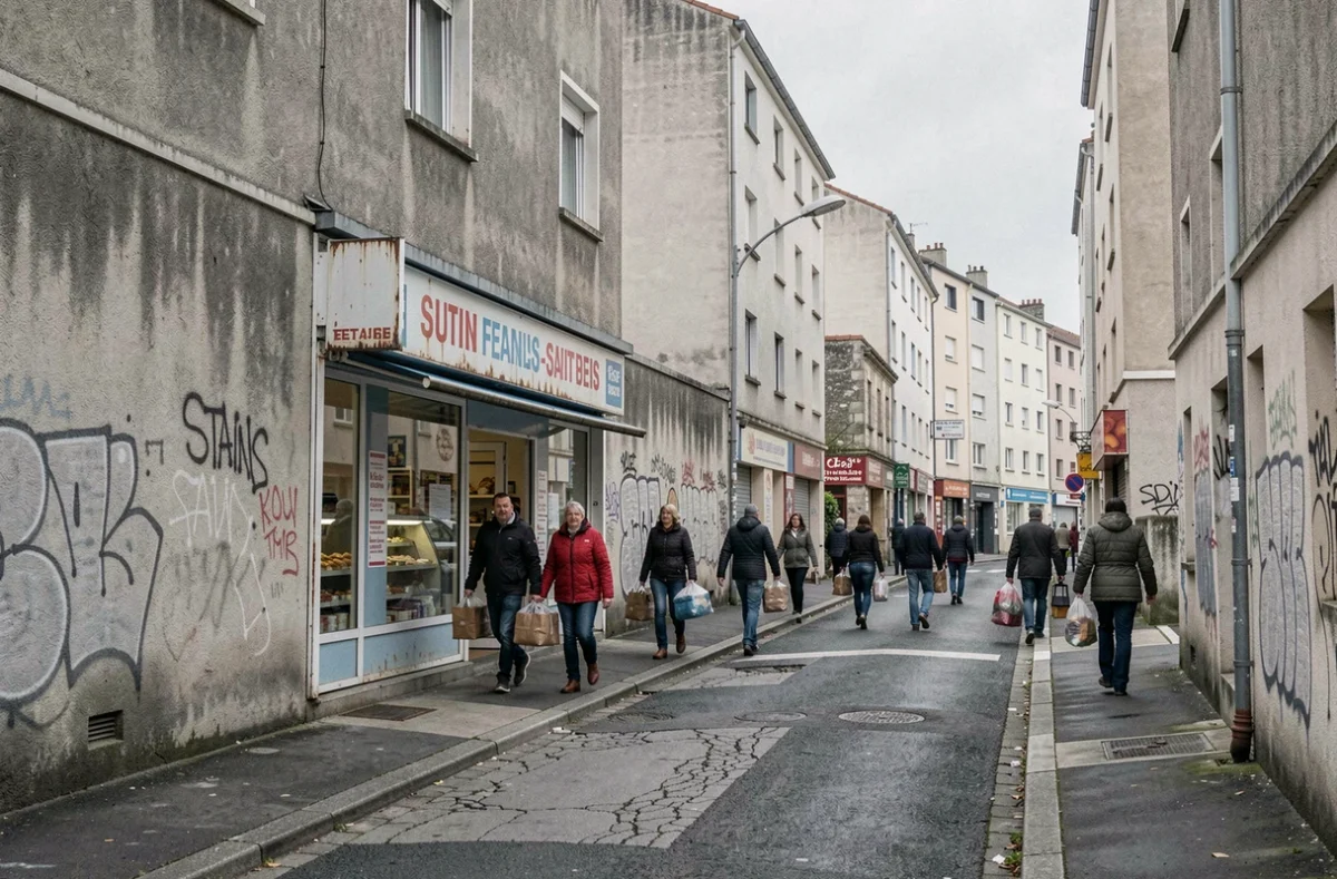 Rue de Stains en Seine-Saint-Denis avec HLM, boulangerie au signe passé et piétons adultes le matin