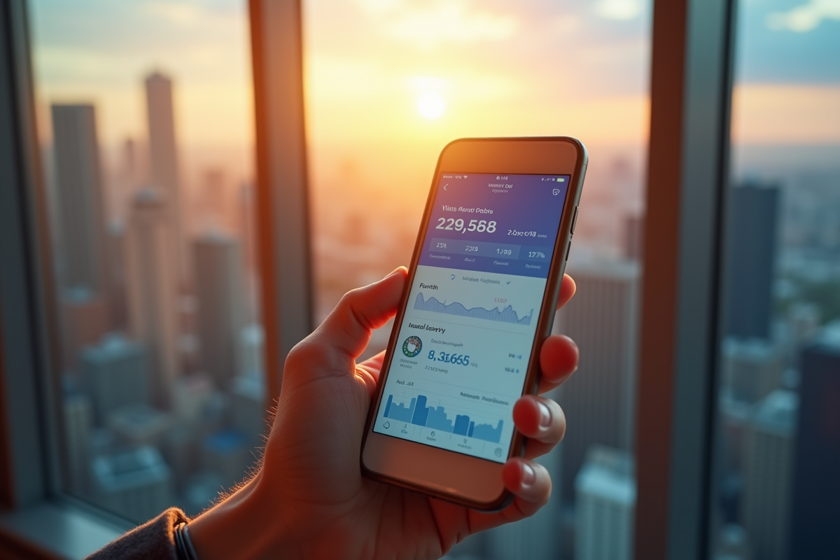 Main tenant un smartphone avec statistiques de trafic web en ville