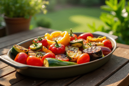 Table rustique en plein air avec légumes grillés colorés