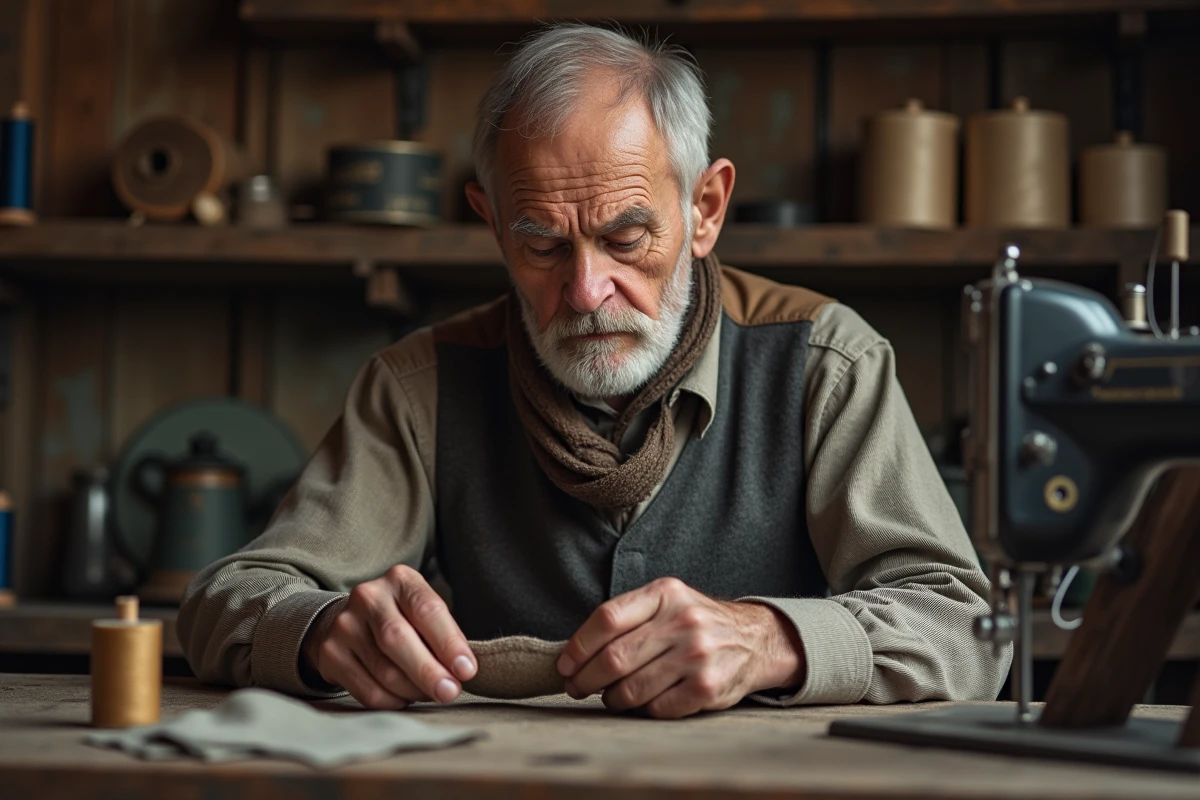 Tailleur âgé examinant un tissu robuste dans son atelier