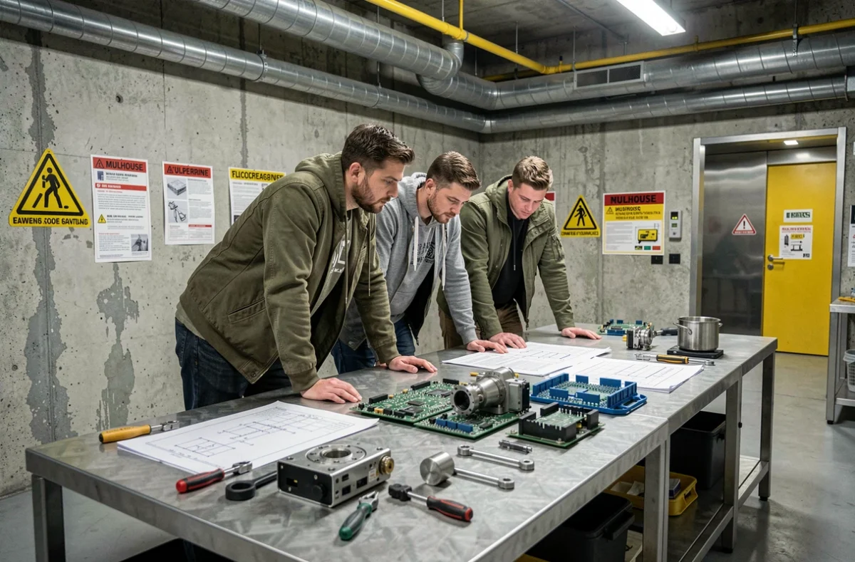 Participants résolvant des énigmes industrielles chez Team Factory à Mulhouse, autour d'une table couverte d'outils techniques