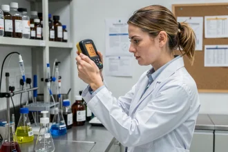 Technicienne de laboratoire analysant les résultats d'un mesureur PPM numérique dans un laboratoire analytique moderne