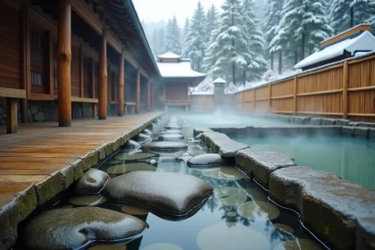 Bain thermal japonais onsen en plein air avec pierres naturelles et vapeur d'eau en hiver