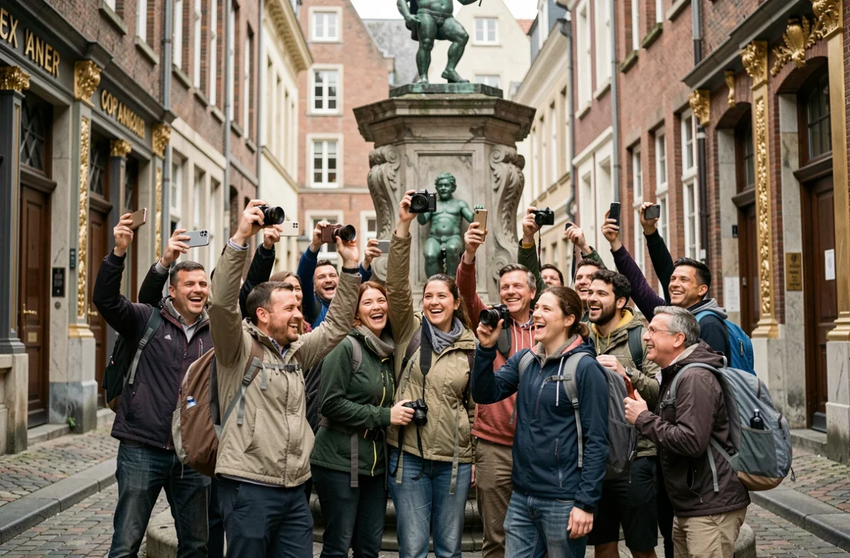 Des touristes internationaux rassemblés autour du Manneken Pis dans une rue pavée du centre historique de Bruxelles
