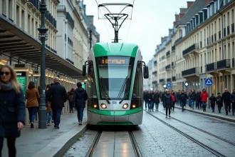 Tramway de Nantes à quai en centre-ville avec des passagers qui montent et descendent, reflets sur les rails mouillés