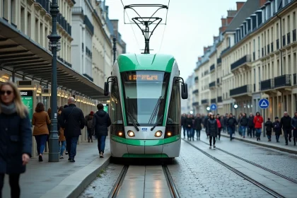 Tramway de Nantes à quai en centre-ville avec des passagers qui montent et descendent, reflets sur les rails mouillés