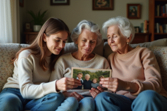 Trois générations de femmes regardant une photo de famille