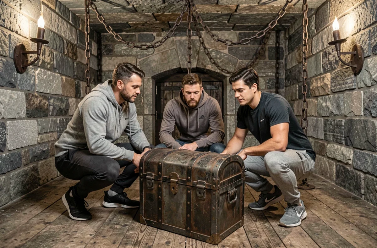 Joueurs découvrant un coffre en fer dans le décor de donjon médiéval d'Ultimate Escape à Vieux-Thann