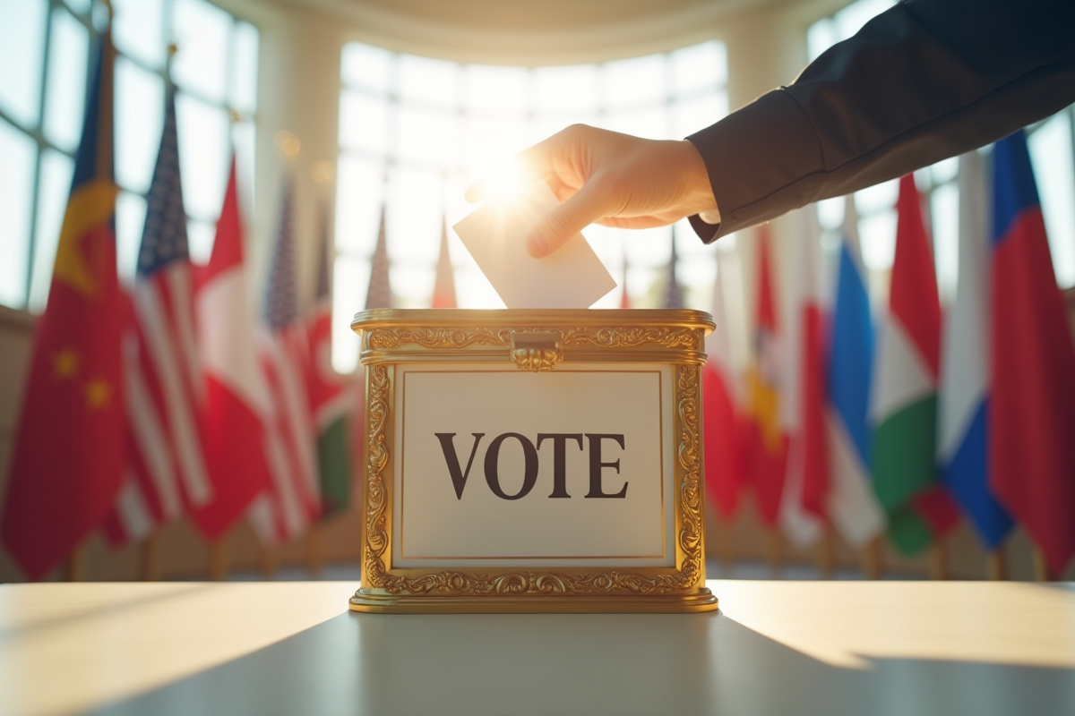 Main déposant un vote dans une urne avec drapeaux nationaux